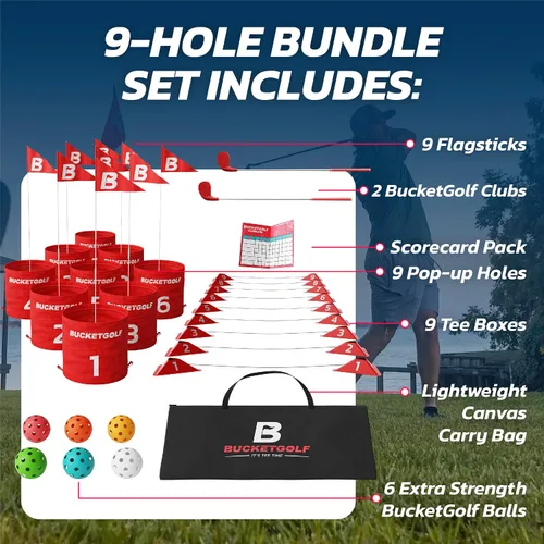Vista 4 de bucketgolf Paquete de 9 Hoyos – Juego de Golf al Aire Libre para Todas las Edades. Adultos, Niños, Familia. Juega en Cualquier Lugar: Patios, Playa