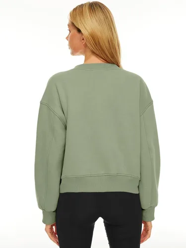 Vista 4 de AUTOMET Sudadera corta de manga larga para mujer, de forro polar, cuello en V