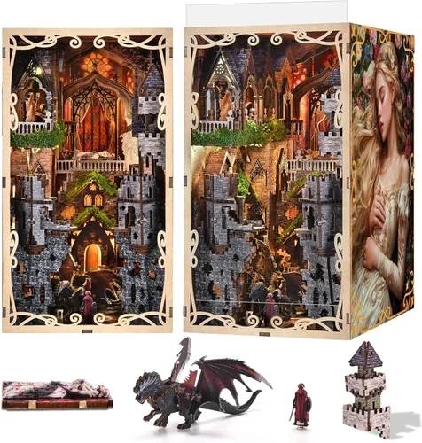 Vista 8 de MiniCity Kit de rincón de libros, kit de bricolaje en miniatura para casa de muñecas, rompecabezas de madera 3D, decoración con luz LED