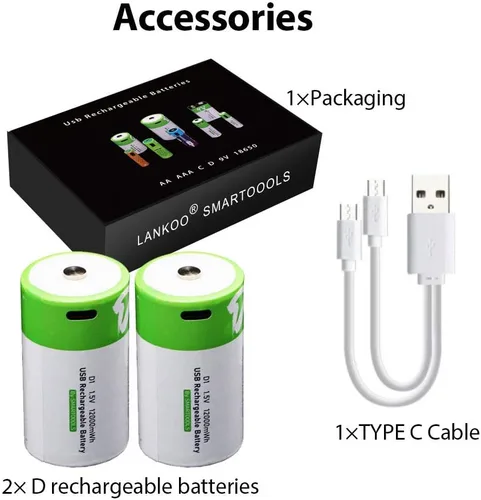 Vista 7 de Baterías D recargables de 1.5 V, 12000 mWh, batería recargable D de iones de litio USB con cable de carga USB tipo C, carga rápida de alta