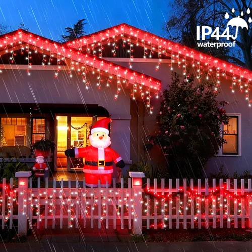 Vista 7 de QITONG - Tira de luces de carámbanos rojas y blancas para exteriores, 33 pies con 400 LED, 8 modos, alambre transparente, luces de Navidad