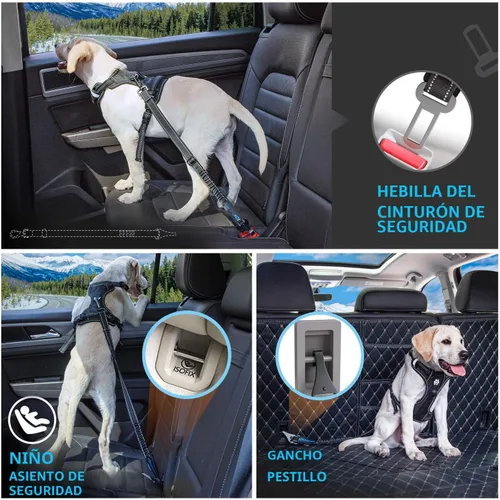 Vista 6 de Cinturón de seguridad para perro, arnés de automóvil 3 en 1 para perros, cinturón de seguridad ajustable para automóvil, tela elástica de nailon