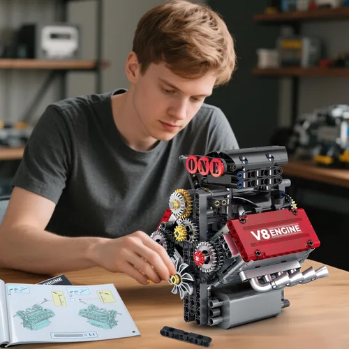 Vista 7 de Juego de construcción de motor V8, kit de modelo de motor V8 que funciona, construye tu propio kit de motor STEM Mini V8 con batería y motor, motor