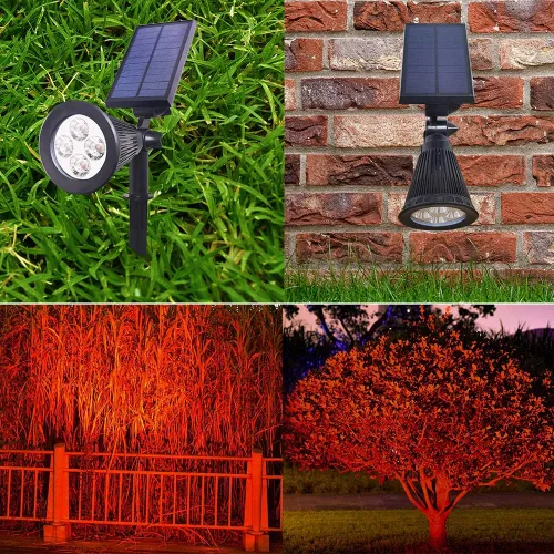 Vista 6 de Focos solares impermeables para exteriores, 4 luces LED para exteriores para patio, jardín, camino, focos de paisaje rojo y azul, luces LED solares