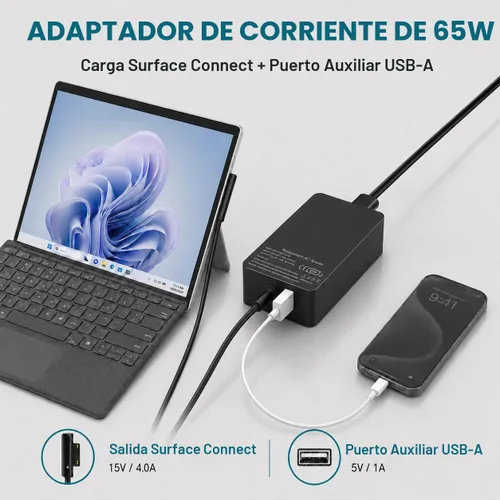 Vista 3 de Cargador Surface Pro de 65 W compatible con Microsoft Surface Pro 11/10/9/8/7+/7/6/5/4/3/X, Surface Laptop 7/6/5/4/3/2/1, Surface Go 4/3/2/1