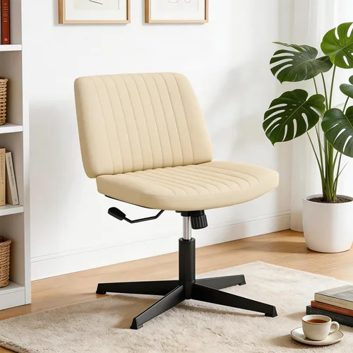 Vista 2 de PayLessHere Silla cruzada Beige Silla de escritorio ancha y sin brazos sin ruedas 360 giratoria, altura ajustable y base de metal estable