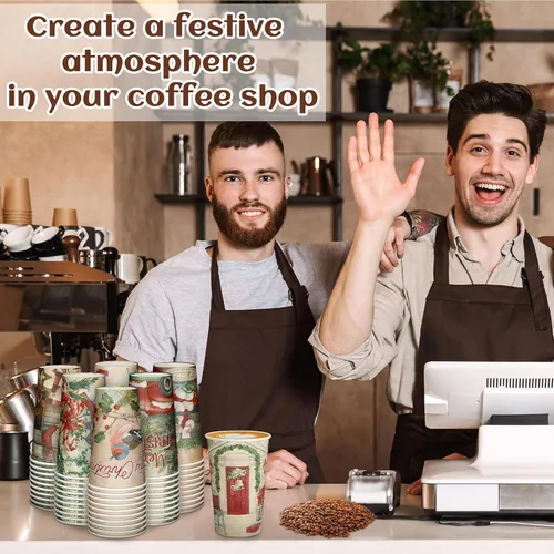 Vista 5 de Cholemy 60 tazas de papel de café de Navidad con tapas, vasos de papel desechables de 16 onzas para decoración de mesa de Navidad, suministros
