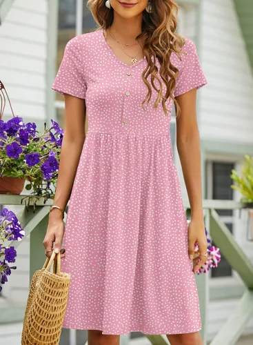 Vista 3 de YATHON - Vestidos de verano para mujer con mangas, de algodón, con cuello en V, botones y bolsillos, de corte acampanado, estilo casual