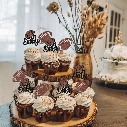 Vista 6 de Oh Baby - Juego de 24 adornos para cupcakes de fútbol americano con purpurina para decoración de cupcakes de fútbol americano para superrugby