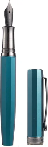 Vista 12 de HONG DIAN N11 Pluma estilográfica, punta extrafina suave recubierta de titanio en color negro, diseño geométrico azul pavo real y rombo con estuche