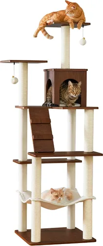 Vista 11 de Árbol para gatos moderno de 64 pulgadas, torre para gatos de interior con varios niveles, con 7 postes rascadores completamente envueltos, 2 Marrón