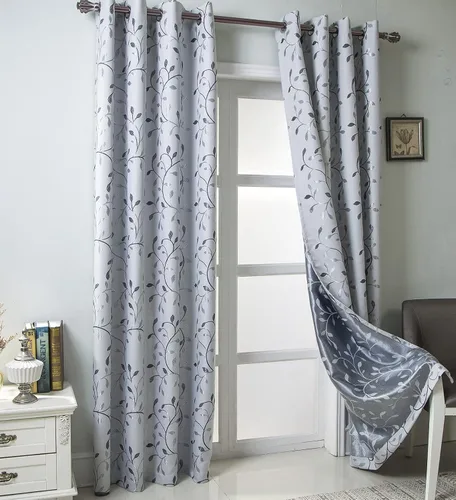Vista 8 de GYROHOME Cortina opaca floral con bordado de hojas, ojales en la parte superior, aislamiento térmico, oscurecimiento de habitación, ahorro de ruido
