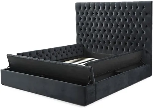Vista 4 de Pemberly Row Cama de plataforma tamaño Queen con cabecero, pie de cama, plataforma, listones de madera en terciopelo, con almacenamiento en negro