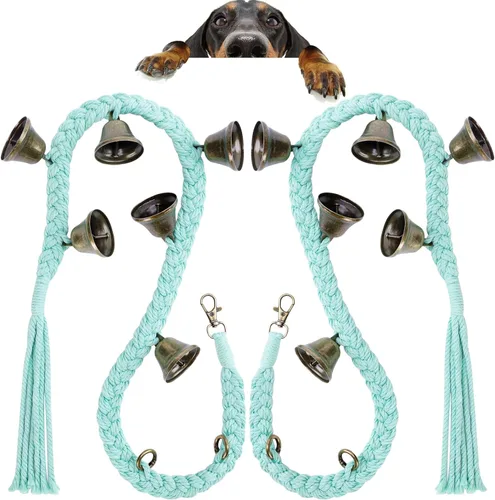 Vista 10 de Timbre de perro para entrenamiento de orinal en la puerta, de algodón tejido a mano con 6 campanas extra fuertes para entrenamiento de perros