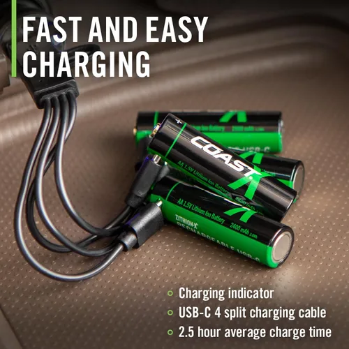 Vista 4 de Coast Baterías recargables AA USB-C, ZITHION-X, iones de litio de 1.5 V 2400 mAh, larga duración, se carga menos de 2.5 horas, cable de carga