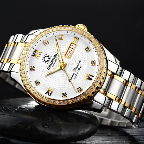 Vista 3 de Carnival Reloj negro para hombre con esfera automática, de acero inoxidable, cristal de zafiro, impermeable, para hombre