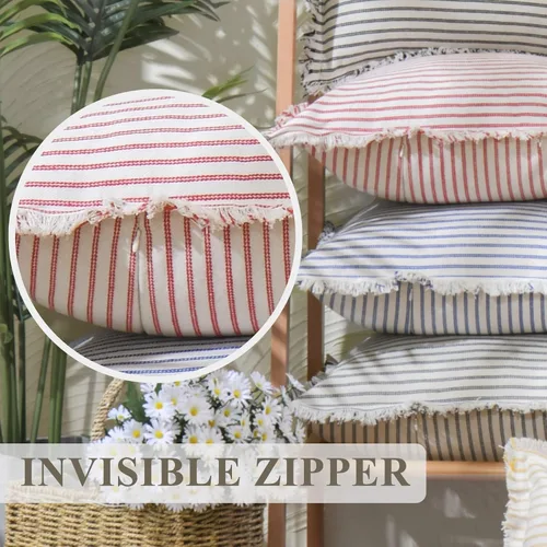 Vista 5 de Fundas de almohada ZWJD de 16 x 16 pulgadas, juego de 2 fundas de almohada a rayas con borlas, fundas de almohada de algodón chic, fundas de cojín