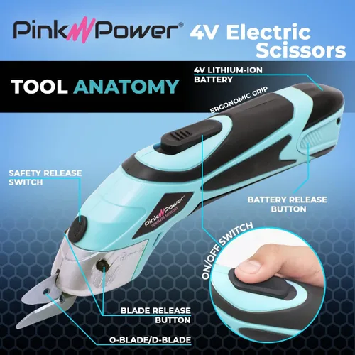 Vista 2 de Pink Power Tijeras eléctricas de tela para manualidades, costura, cartón y alfombras, herramienta de corte profesional resistente, tijeras Aqua
