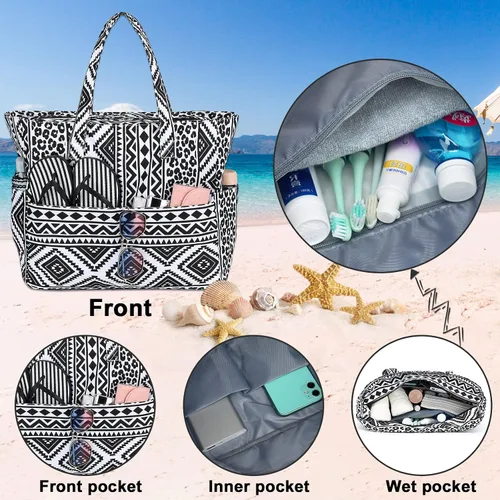 Vista 3 de Bolsa de playa y piscina para mujer, grande, bolsa de gimnasio con compartimento húmedo para viajes, impermeable