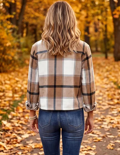 Vista 7 de Yeokou - Chaqueta corta de franela con botones para mujer, estilo camisa a cuadros, manga larga