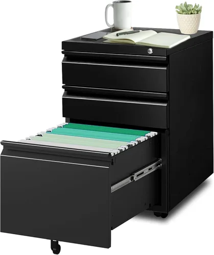 Vista 9 de Archivadores móviles de 3 cajones de metal con ruedas para archivos legales y de cartas, diseño anti-inclinación con cerradura debajo