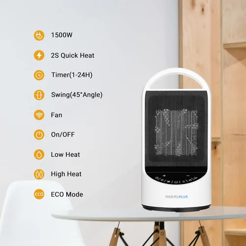 Vista 5 de INKBIRDPLUS Calentadores eléctricos de 1500 W para uso en interiores con temporizador remoto y 3 modos, protección contra sobrecalentamiento