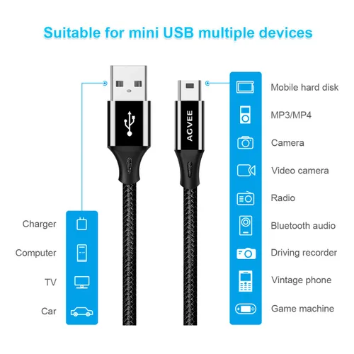 Vista 5 de AGVEE Paquete de 2 cables de datos de repuesto de 10 pies para cargador GPS Garmin Nuvi Para TI-84 Plus/CE/C plata, micrófono USB Yeti Negro