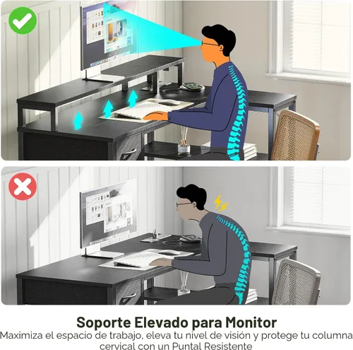 Vista 8 de SUPERJARE Escritorio para juegos en forma de L de 47 pulgadas con luces LED y tomas de corriente, escritorio reversible para computadora con Negro