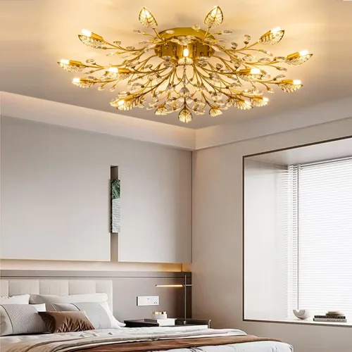Vista 4 de Lámpara de techo de cristal, lámpara de flores, luces de techo semiempotradas de hojas doradas, accesorios de iluminación de cocina para dormitorio