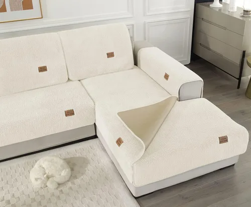 Vista 5 de Fundas de sofá de vellón sherpa suave y esponjoso, funda de sofá seccional de felpa cálida, funda antideslizante para sofá, protector de muebles