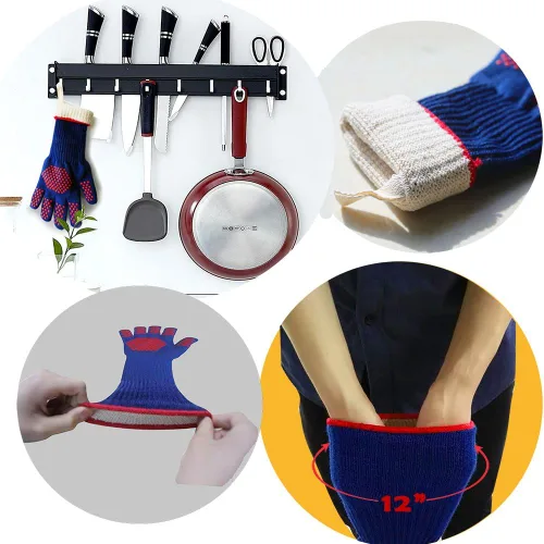 Vista 7 de MIG4U Guantes de parrilla para barbacoa, guantes de horno de 500 grados, resistentes al calor, con puntos de silicona antideslizantes de grado Azul