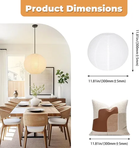Vista 4 de Juego de 2 faroles de papel redondos blancos de 12 x 12 pulgadas, diseño plegable chino para sala de estar, dormitorio, pantalla de techo