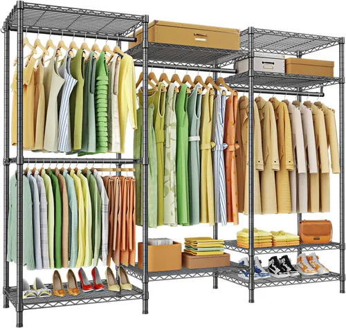 Vista 12 de Ulif E13 Perchero de Ropa de Servicio Pesado (Con 4 Barras Colgadoras y 8 Estantes) Percheros Independientes para Colgar Ropa, Organizador de Closet