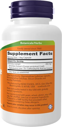 Vista 2 de Now Foods Extracto de alcachofa 450 mg, cápsulas veganas, 90