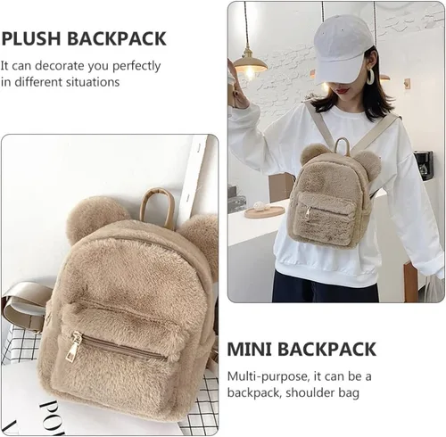 Vista 9 de Sosoport Linda mochila de oso mullido con orejas de oso, mochila kawaii suave y esponjosa, casual, mini bolsa de hombro para niñas, Marrón