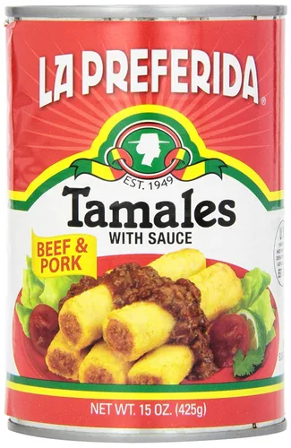 Vista 3 de La Preferida Tamales de carne de res y cerdo abundantes Tamales mexicanos enlatados en salsa roja, 15 onzas (paquete de 2)