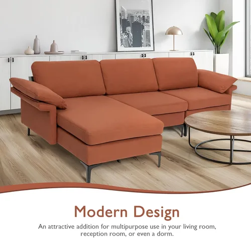Vista 7 de OUDINI Sofá modular moderno en forma de L, sofá seccional de tela de lino, con diván reversible y 2 puertos USB para sala de estar, apartamento