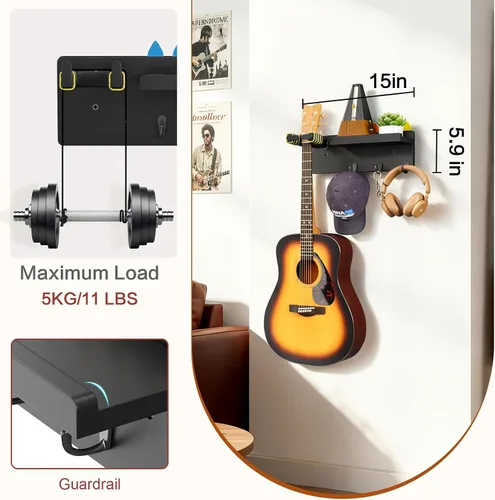 Vista 7 de Bikoney Soporte de pared para guitarra, colgador de guitarra con bloqueo Negro Gancho automático individual