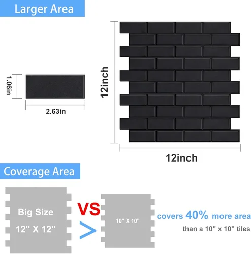 Vista 8 de Azulejos negros mate para despegar y pegar estilo metro para cocina, diseño más grueso, azulejos adhesivos para pegar en la sala de estar, azulejos