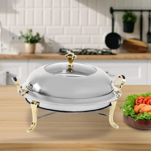 Vista 9 de Plato redondo para rozar, bandeja calentadora de bufé de acero inoxidable de 3.17 cuartos de galón con tapa y soporte de combustible para cocina