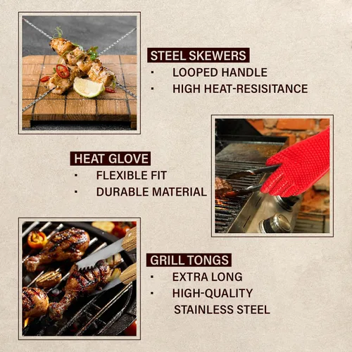 Vista 6 de Juego de parrilla BBQ de 11 piezas con caja de madera de arce grabada, herramientas de barbacoa de acero inoxidable premium con mangos de madera