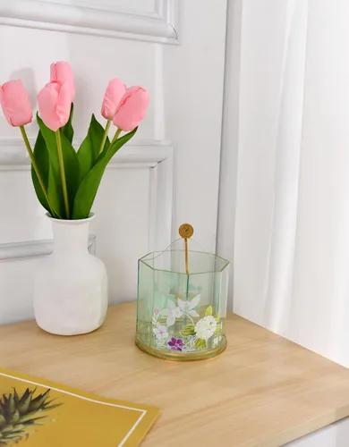 Vista 5 de Papyrus - Soporte acrílico para bolígrafo para escritorio, organizador giratorio verde aguamarina con impresiones florales de doble cara