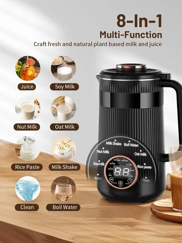 Vista 2 de Máquina para hacer leche de frutos secos, 35 oz casera de soja, almendra, avena, coco, bebidas a base de plantas y sin lácteos, máquina automática