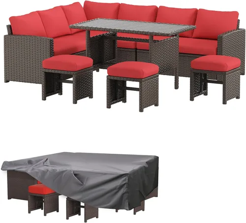 Vista 16 de AECOJOY Juego de muebles de patio al aire libre, 7 piezas de mesa de comedor y sillas seccionales de ratán, sofá de conversación de mimbre para todo