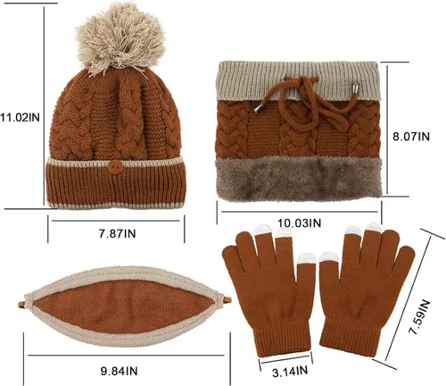 Vista 7 de Gorro de punto de invierno con bufanda y cubierta facial, guantes de pantalla táctil para mujer, gorro de calavera con pompón y forro polar
