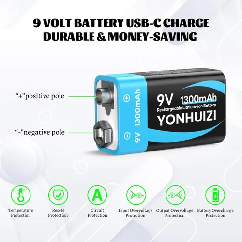 Vista 2 de 2-Pack 1300mAh Rechargeable 9V Batteries, 9 Volt Lithium-ion Square Battery Long Lasting Power+Clip Connector and Storage Box for Smoke Alarms