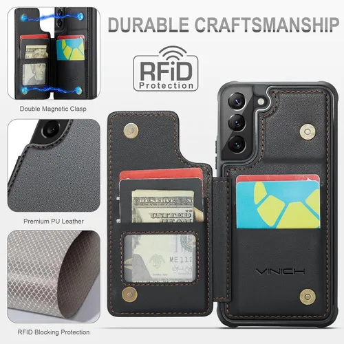 Vista 2 de Vinich - Funda tipo cartera para Samsung Galaxy S22 con tarjetero, color negro Ranuras de crédito con bloqueo RFID, soporte para teléfono a prueba