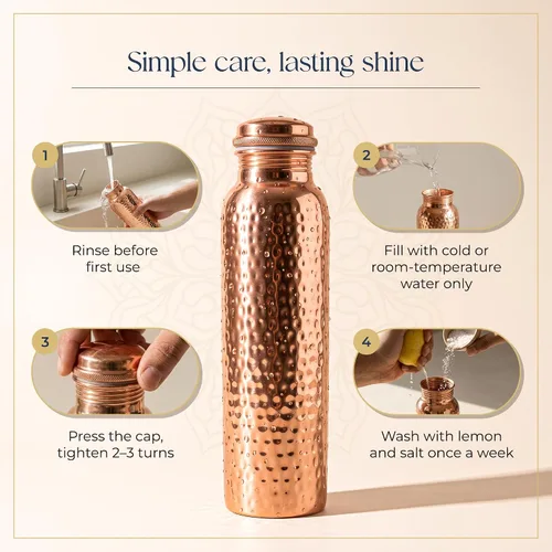 Vista 7 de Botella de agua de cobre puro de 34 onzas – 100% auténtico acabado martillado a mano sin revestimiento – Frasco ayurvédico reutilizable resistente a