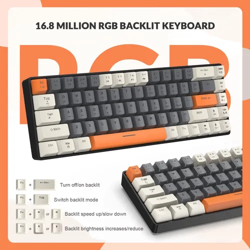 Vista 3 de T8 - Teclado mecánico 60% para juegos, mini teclado TKL de diseño compacto de 68 teclas, retroiluminación RGB de 18 cromas, interruptor marrón