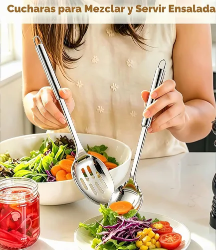 Vista 2 de Juego de 2 cucharas de cocina grandes, cuchara de servir de acero inoxidable y cuchara ranurada para cocinar, cucharas largas resistentes al calor